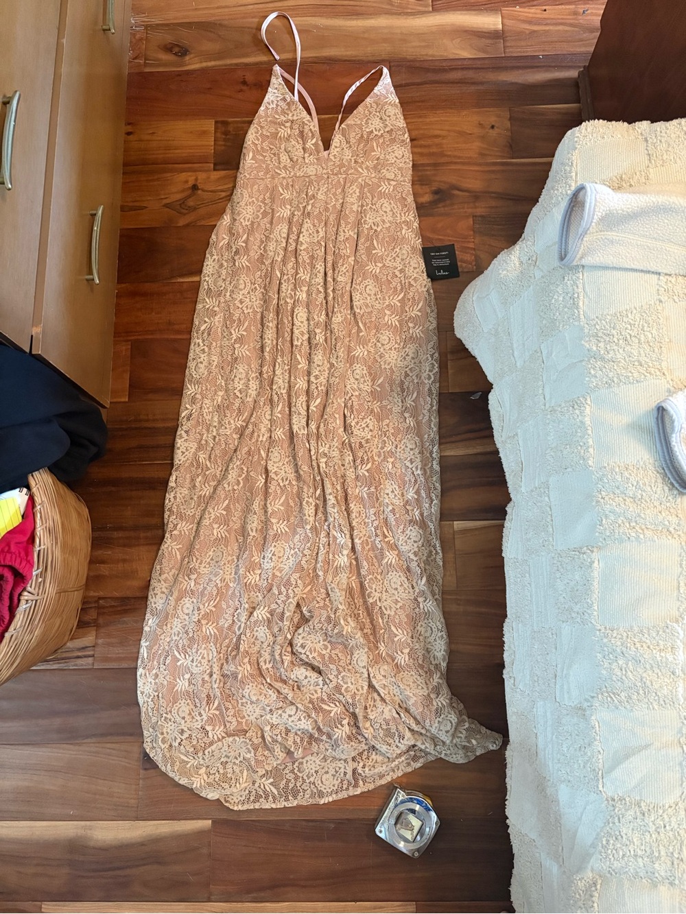 NWT Lulus Ivory Lace Blush Lined Backless Maxi Dress M Bridal (1395)